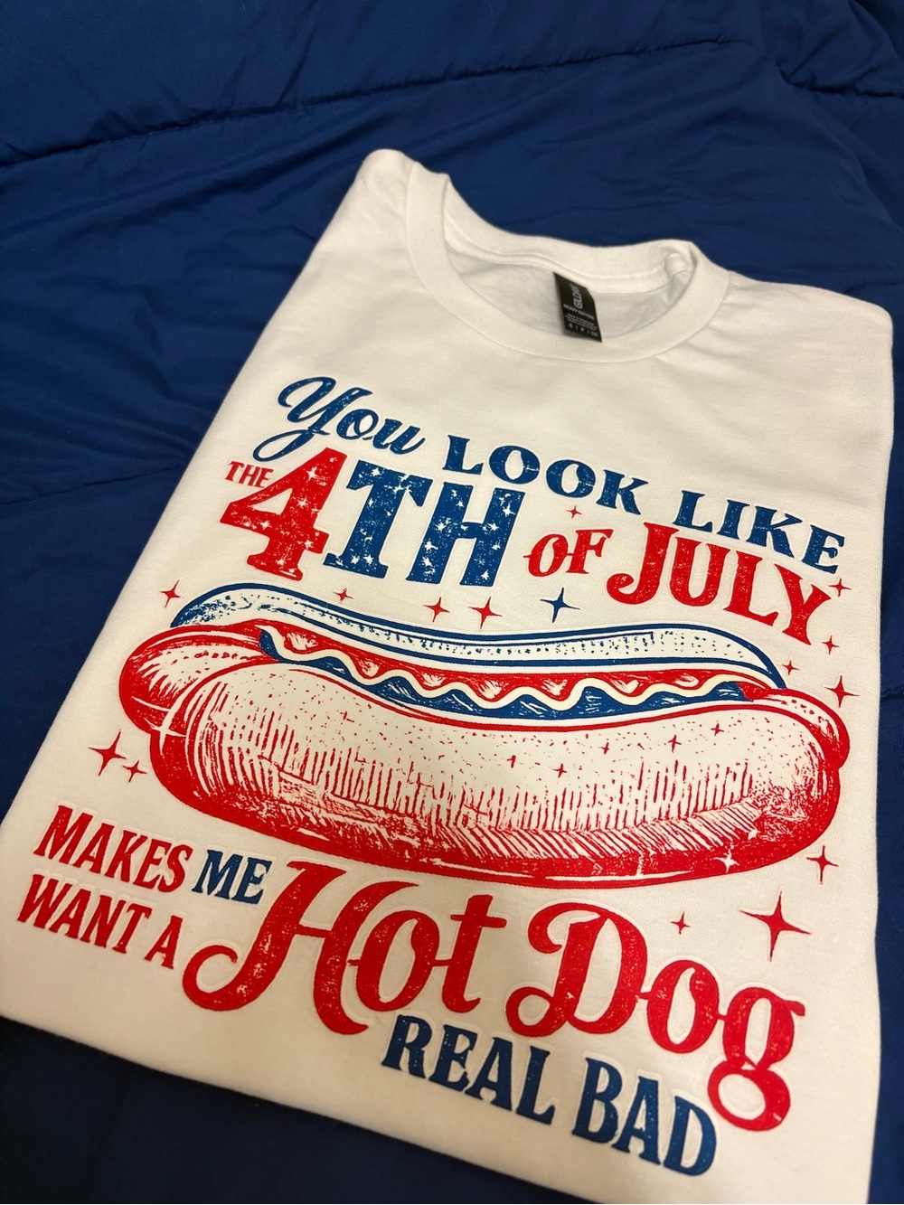 White Graphic Tee - Patriotic 4th of July Hot Dog Design